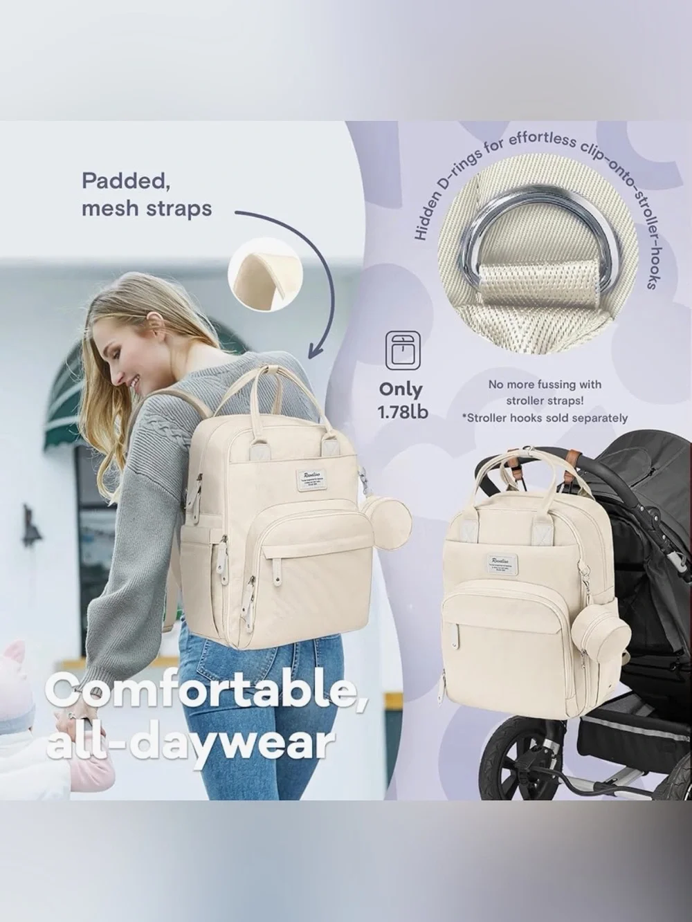 NWT - Ruvalino Diaper Bag - Convertible Baby Backpack - Beige - Picture 5 of 8